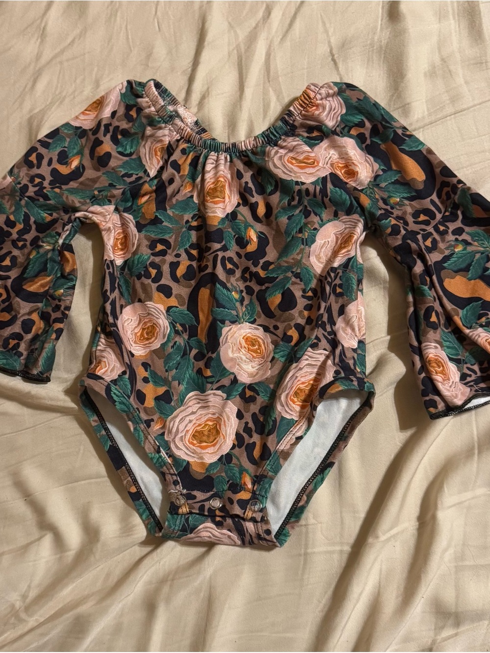 Girls Floral & Leopard Print Long flare Sleeve One-Piece  - Pink Green cheetah